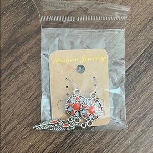 Fashion Jewelry Silver and Red Floral Earrings